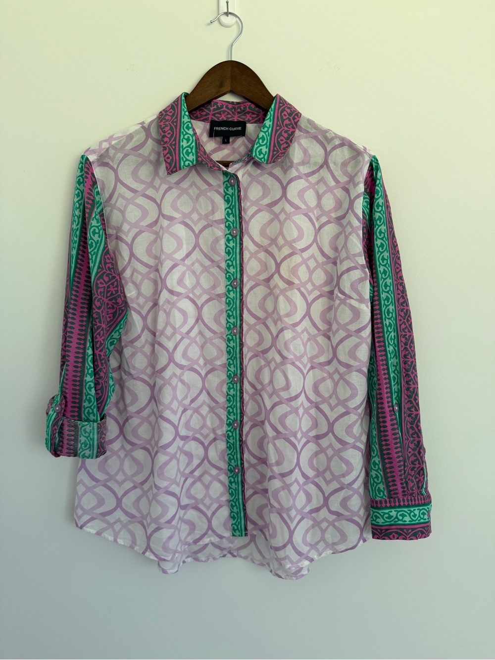 French Curve Lavender Button-Front Shirt with Teal Trim